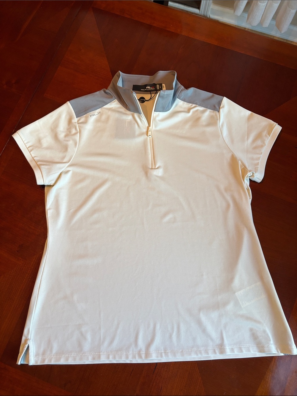 Womans RLX Ralph Lauren Cream and Grey Short-Sleeve Half-Zip Polo Sz L NWT